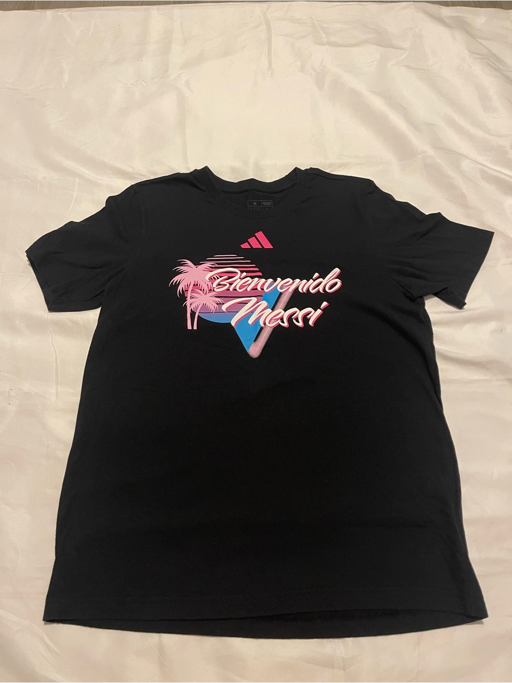 adidas Black Tee with Pink & Blue 'Bienvenido Messi' Graphic